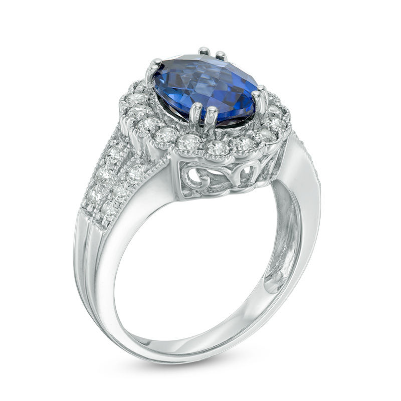 Main Image 2 of Oval Lab-Created Ceylon and White Sapphire Frame Vintage-Style Ring in Sterling Silver