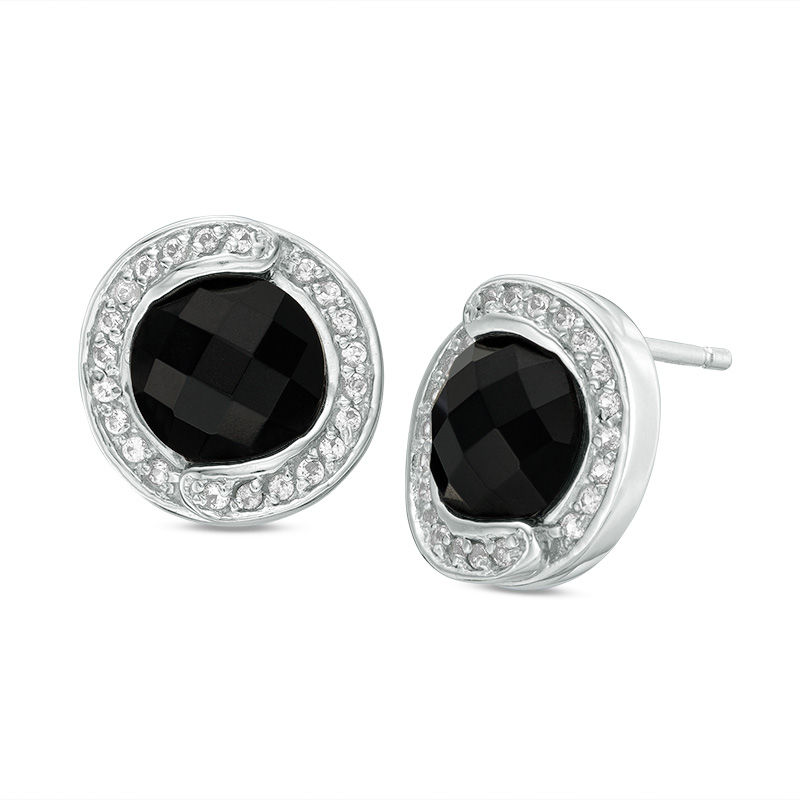 8.0mm Faceted Onyx and White Topaz Overlay Frame Stud Earrings in Sterling Silver