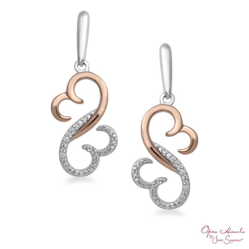 Main Image 1 of Open Hearts by Jane Seymour™ 1/20 CT. T.W. Diamond Half and Half Drop Earrings in Sterling Silver and 10K Rose Gold