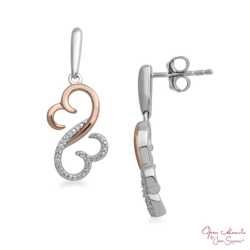 Main Image 2 of Open Hearts by Jane Seymour™ 1/20 CT. T.W. Diamond Half and Half Drop Earrings in Sterling Silver and 10K Rose Gold