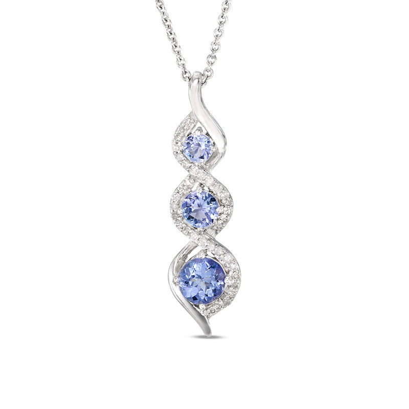 Main Image 1 of Tanzanite and 1/10 CT. T.W. Diamond Cascading Frame Three Stone Pendant in Sterling Silver