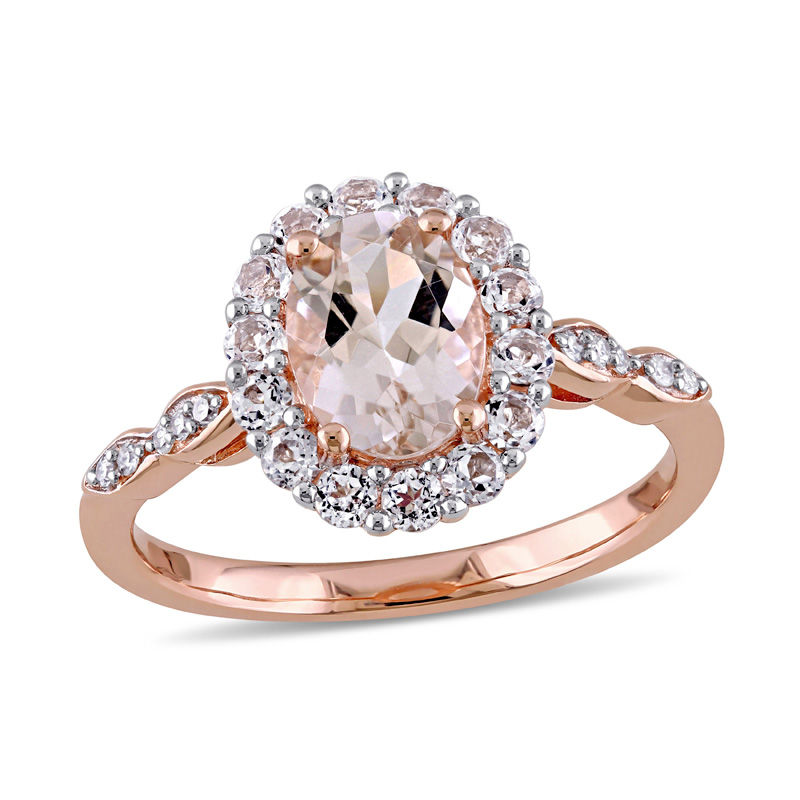 Main Image 1 of Oval Morganite, White Topaz and Diamond Accent Frame Engagement Ring in 14K Rose Gold