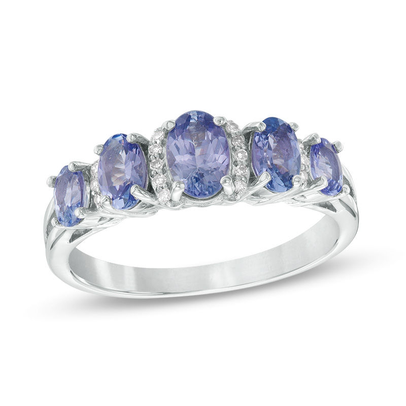 Oval Tanzanite and Diamond Accent Five Stone Ring in Sterling Silver