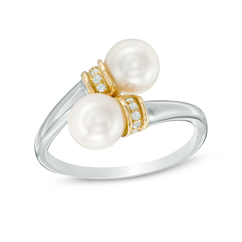 6.0-7.0mm Freshwater Cultured Pearl and Diamond Accent Collar Bypass Ring in Sterling Silver and 14K Gold