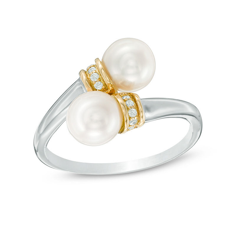 6.0-7.0mm Cultured Freshwater Pearl and Diamond Accent Collar Bypass Ring in Sterling Silver and 14K Gold