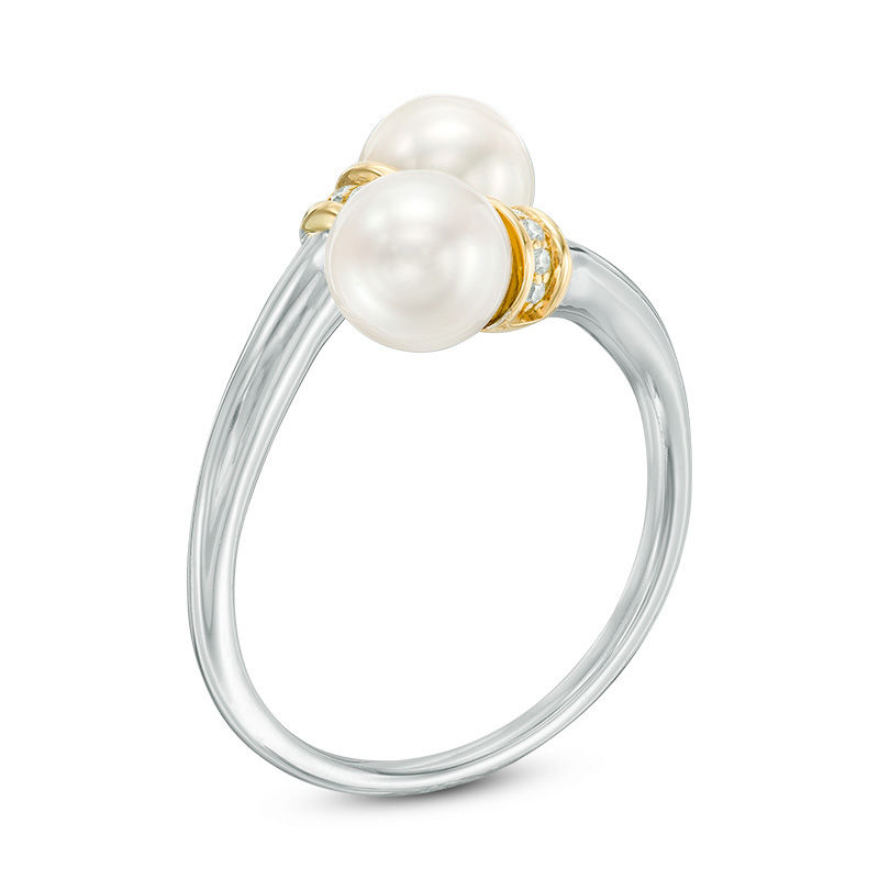 6.0-7.0mm Cultured Freshwater Pearl and Diamond Accent Collar Bypass Ring in Sterling Silver and 14K Gold