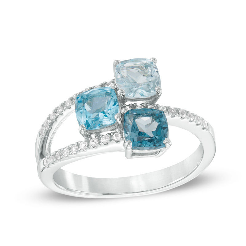 Main Image 1 of Cushion-Cut London, Swiss and Sky Blue Topaz and Lab-Created White Sapphire Three Stone Ring in Sterling Silver