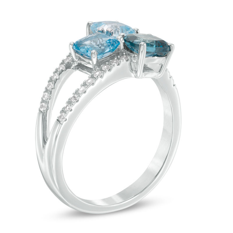 Main Image 2 of Cushion-Cut London, Swiss and Sky Blue Topaz and Lab-Created White Sapphire Three Stone Ring in Sterling Silver