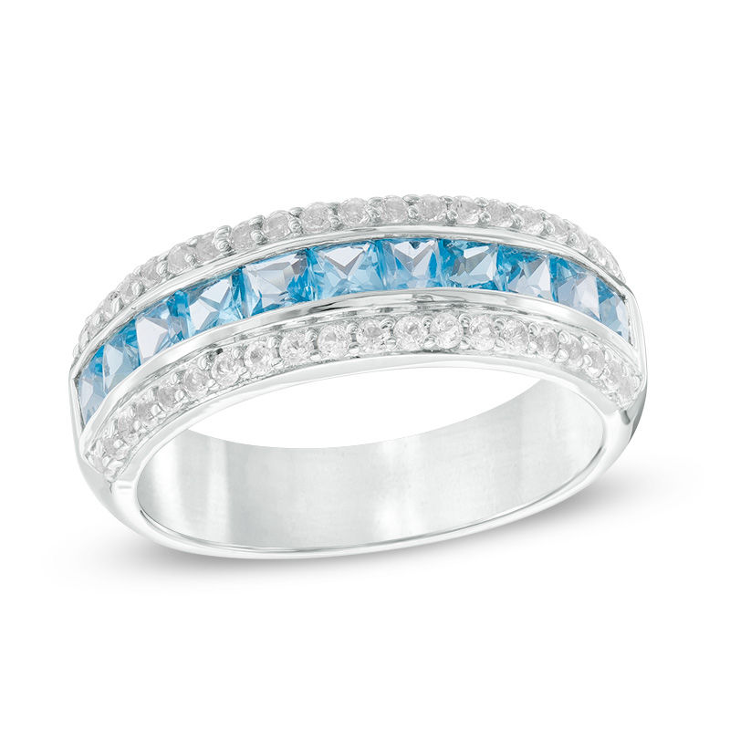 Main Image 1 of Princess-Cut Swiss Blue and White Topaz Triple Row Band in Sterling Silver