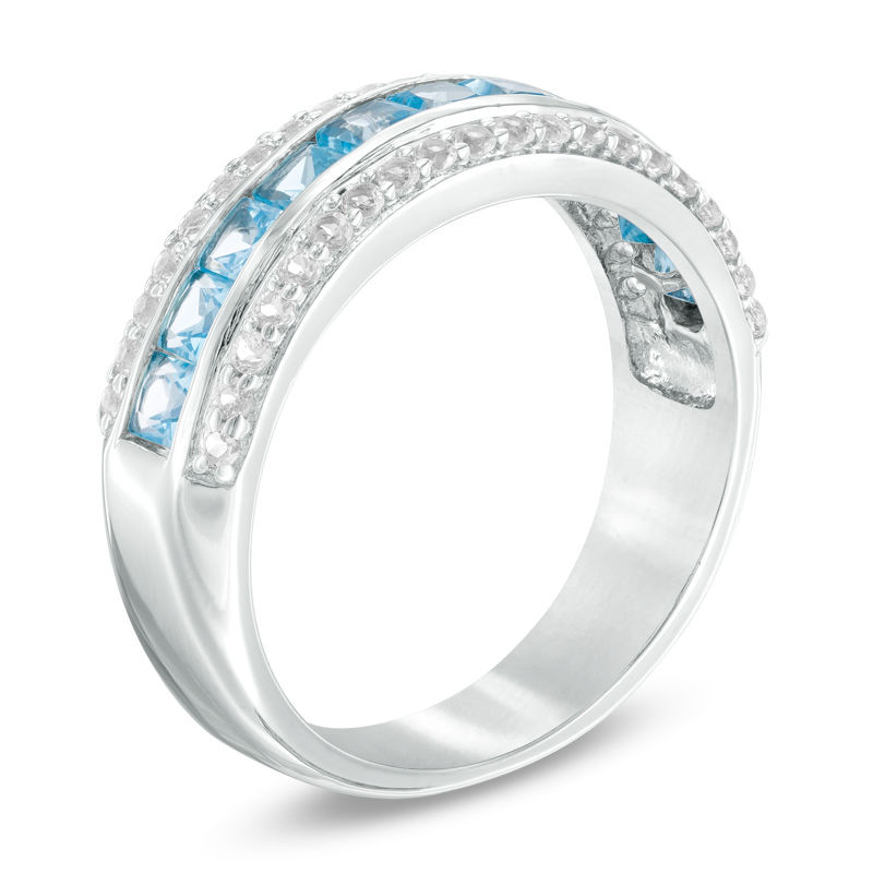 Main Image 2 of Princess-Cut Swiss Blue and White Topaz Triple Row Band in Sterling Silver