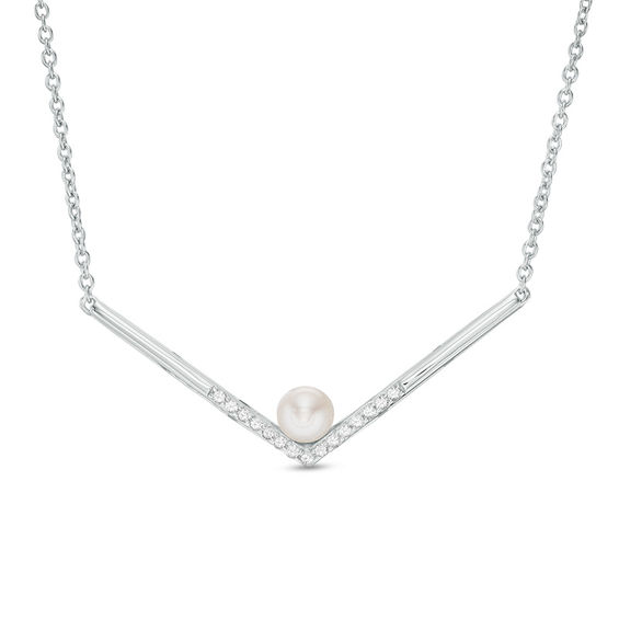 5.0-5.5mm Freshwater Cultured Pearl and Lab-Created White Sapphire Chevron Necklace in Sterling Silver