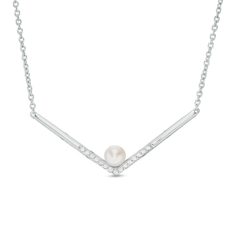 Main Image 1 of 5.0-5.5mm Freshwater Cultured Pearl and Lab-Created White Sapphire Chevron Necklace in Sterling Silver
