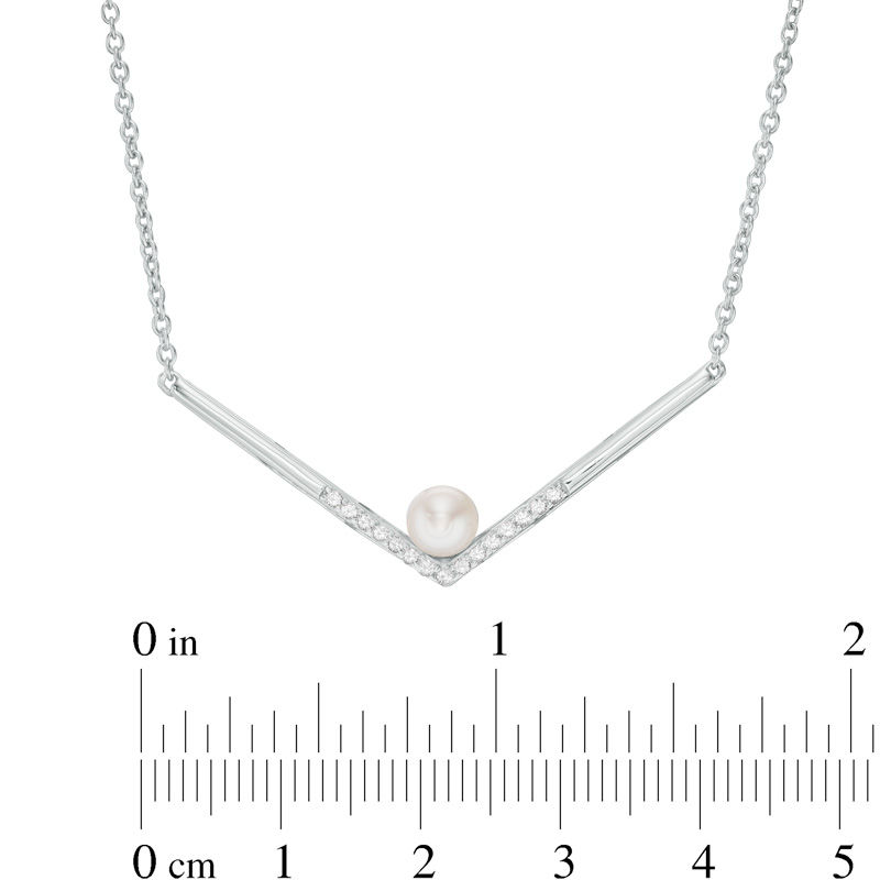 Main Image 2 of 5.0-5.5mm Freshwater Cultured Pearl and Lab-Created White Sapphire Chevron Necklace in Sterling Silver