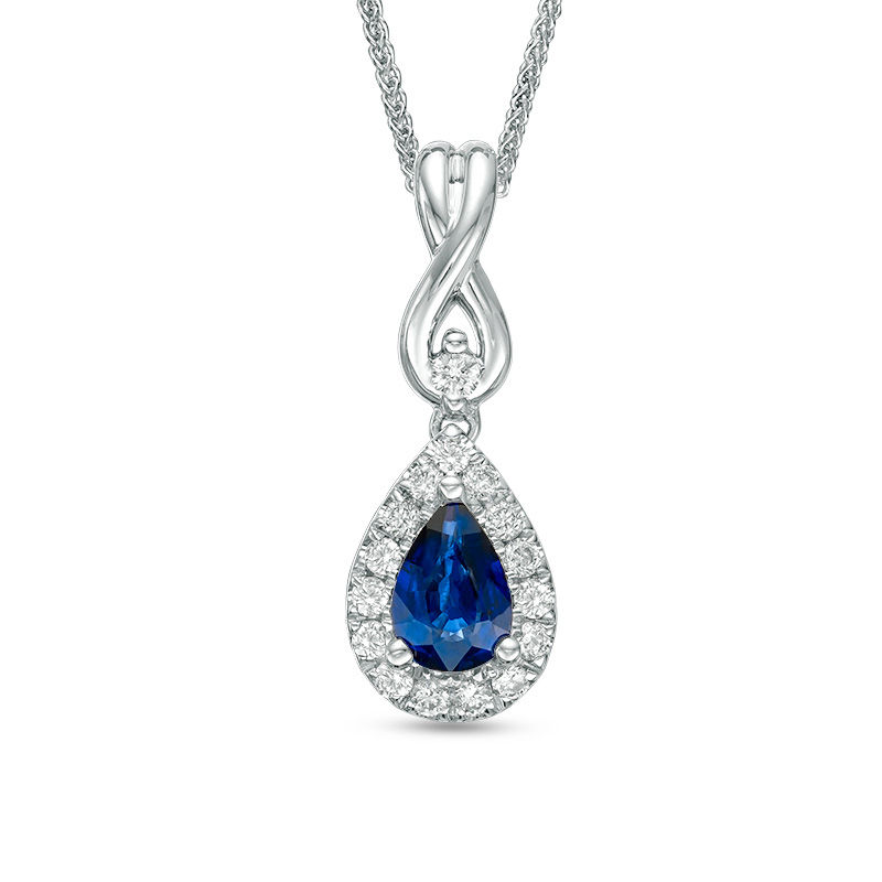 Vera Wang Love Collection Pear-Shaped Blue Sapphire and 1/6 CT. T.W. Diamond Frame Pendant in 14K White Gold - 19"