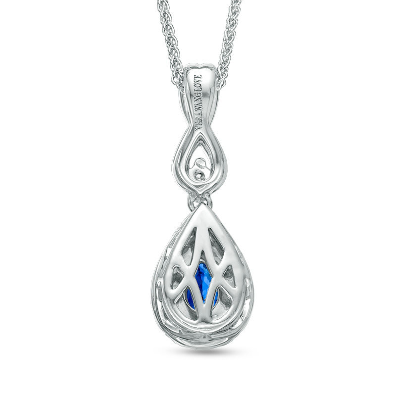 Vera Wang Love Collection Pear-Shaped Blue Sapphire and 1/6 CT. T.W. Diamond Frame Pendant in 14K White Gold - 19"
