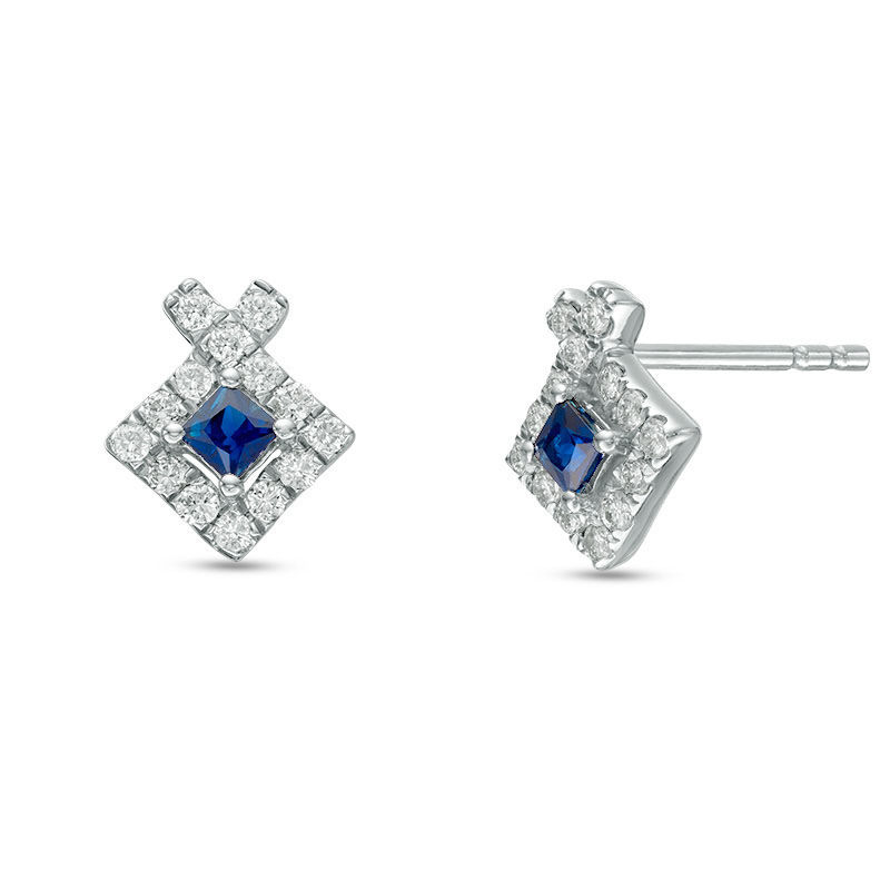 Main Image 1 of Vera Wang Love Collection Princess-Cut Blue Sapphire 1/4 CT. T.W. Diamond Frame Stud Earrings in Sterling Silver