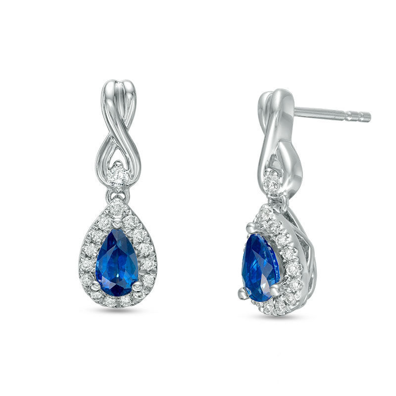 Main Image 1 of Vera Wang Love Collection Pear-Shaped Blue Sapphire and 1/6 CT. T.W. Diamond Frame Drop Earrings in 14K White Gold