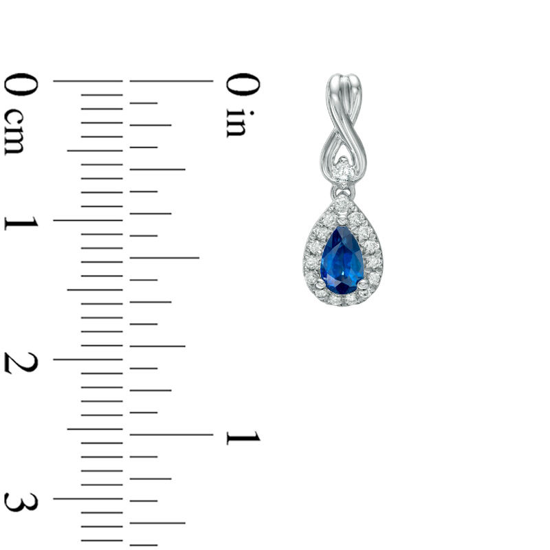 Main Image 2 of Vera Wang Love Collection Pear-Shaped Blue Sapphire and 1/6 CT. T.W. Diamond Frame Drop Earrings in 14K White Gold