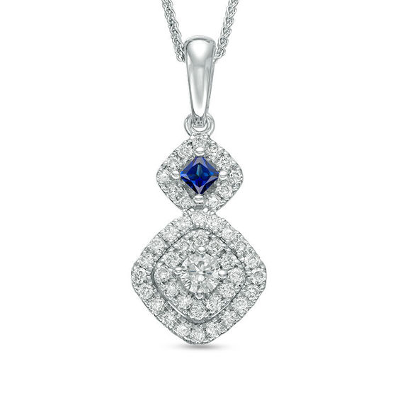 Vera Wang Love Collection 1/2 CT. T.w. Diamond and Blue Sapphire Double Frame Pendant in 14K White Gold - 19"