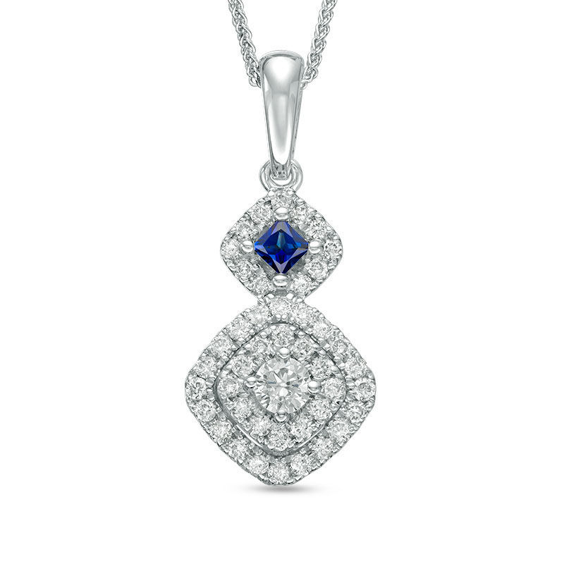 Main Image 1 of Vera Wang Love Collection 1/2 CT. T.W. Diamond and Blue Sapphire Double Frame Pendant in 14K White Gold - 19"
