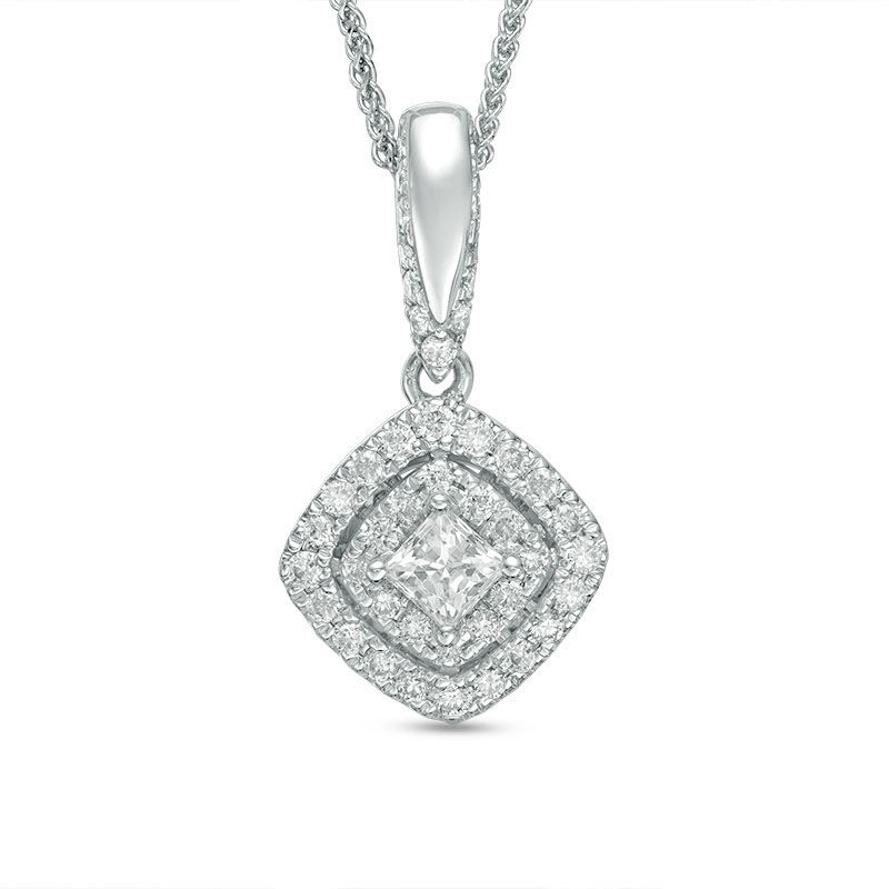 Main Image 1 of Vera Wang Love Collection 3/8 CT. T.W. Diamond and Blue Sapphire Tilted Double Frame Pendant in 14K White Gold - 19"