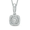 Thumbnail Image 1 of Vera Wang Love Collection 3/8 CT. T.W. Diamond and Blue Sapphire Double Cushion Frame Pendant in 14K White Gold - 19"