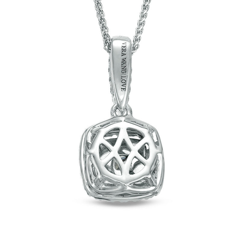 Main Image 2 of Vera Wang Love Collection 3/8 CT. T.W. Diamond and Blue Sapphire Double Cushion Frame Pendant in 14K White Gold - 19"
