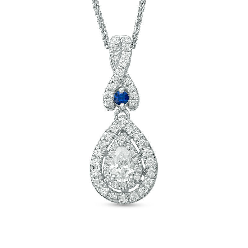 Vera Wang Love Collection 3/8 CT. T.W. Diamond and Blue Sapphire Double Frame Pendant in 14K White Gold - 19"