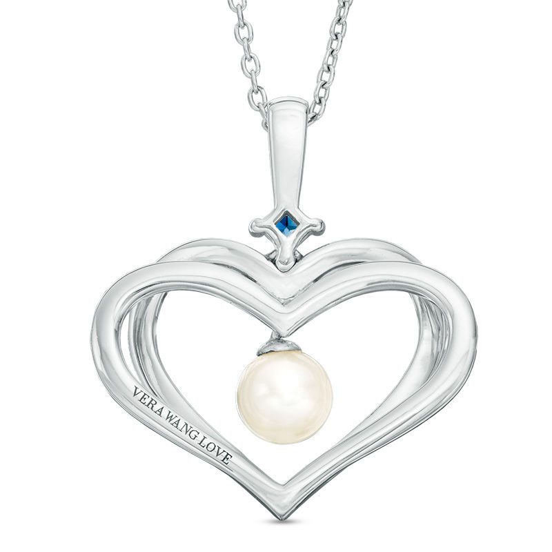 The Kindred Heart from Vera Wang Love Collection Cultured Freshwater Pearl and Sapphire Pendant in Sterling Silver - 19"