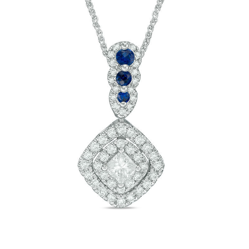 Vera Wang Love Collection 3/8 CT. T.W. Diamond and Blue Sapphire Double Frame Pendant in 14K White Gold - 19"