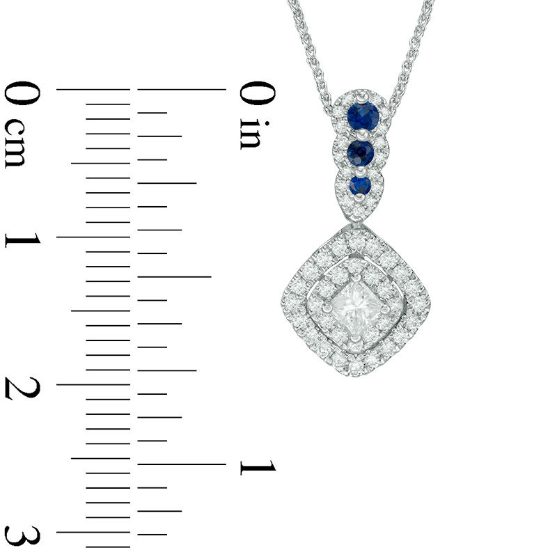 Vera Wang Love Collection 3/8 CT. T.W. Diamond and Blue Sapphire Double Frame Pendant in 14K White Gold - 19"