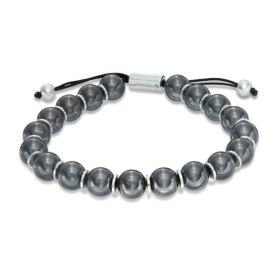 10.0mm Black Hematite Beaded Bolo Bracelet in Sterling Silver - 8.5"