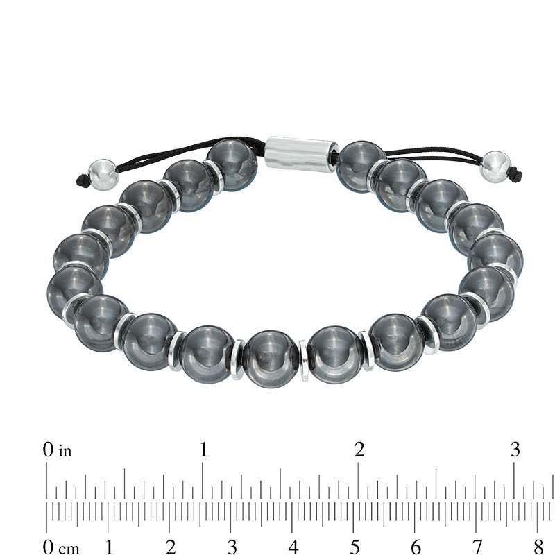 Men's 10.0mm Black Hematite Beaded Bolo Bracelet in Sterling Silver - 8.5"