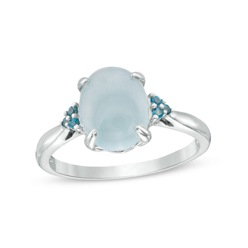 Main Image 1 of Oval Cabochon Aquamarine and London Blue Topaz Tri-Sides Ring in 10K White Gold