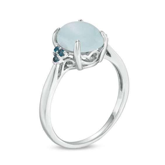 Oval Cabochon Aquamarine and London Blue Topaz Tri-Sides Ring in 10K White Gold