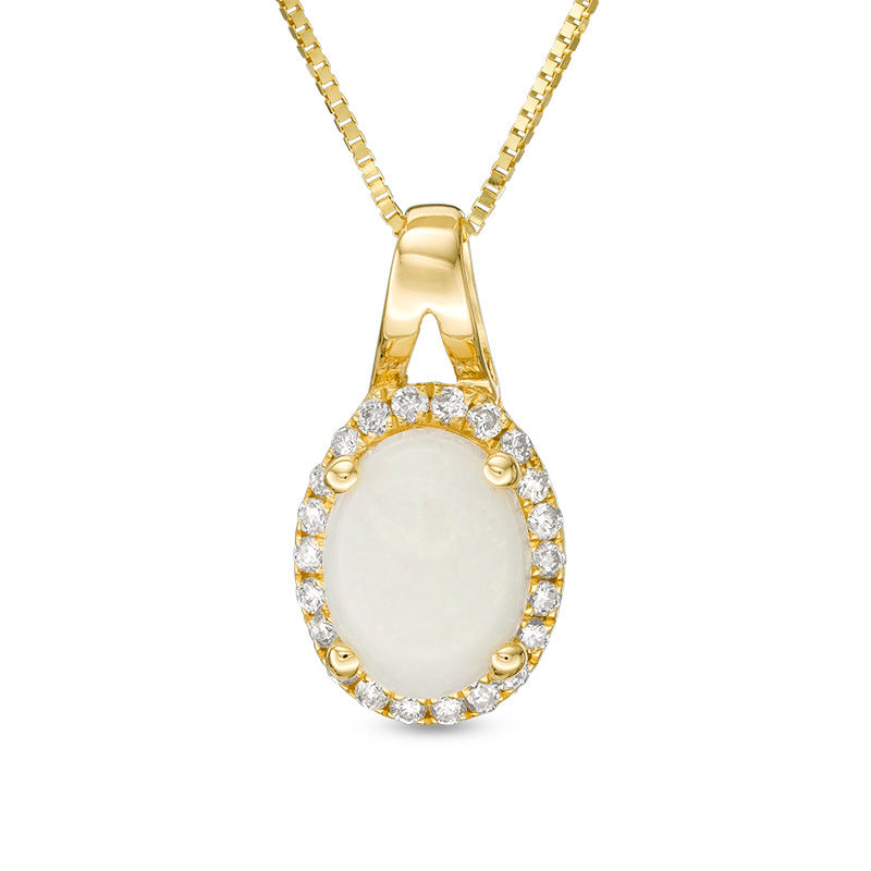 Oval Opal and 1/10 CT. T.W. Diamond Frame Pendant in 14K Gold