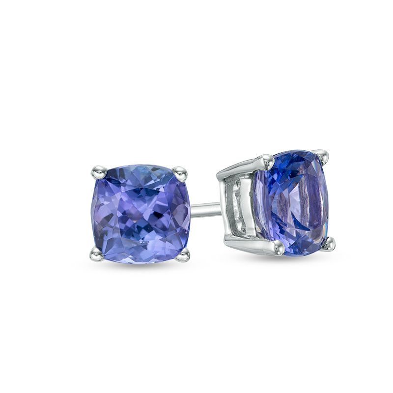 Main Image 1 of 6.0mm Cushion-Cut Tanzanite Solitaire Stud Earrings in 14K White Gold