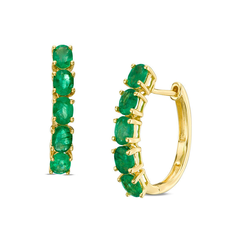 Oval Emerald Five Stone Hoop Earrings in 14K Gold