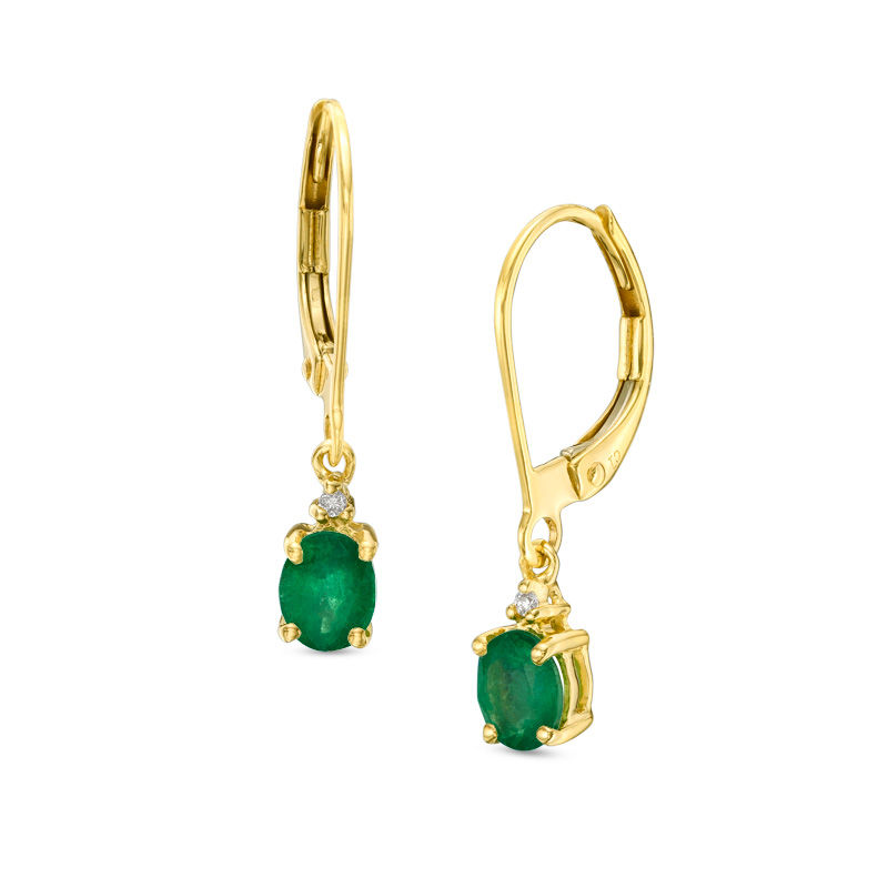Main Image 1 of Oval Emerald and Diamond Accent Drop Earrings in 10K Gold