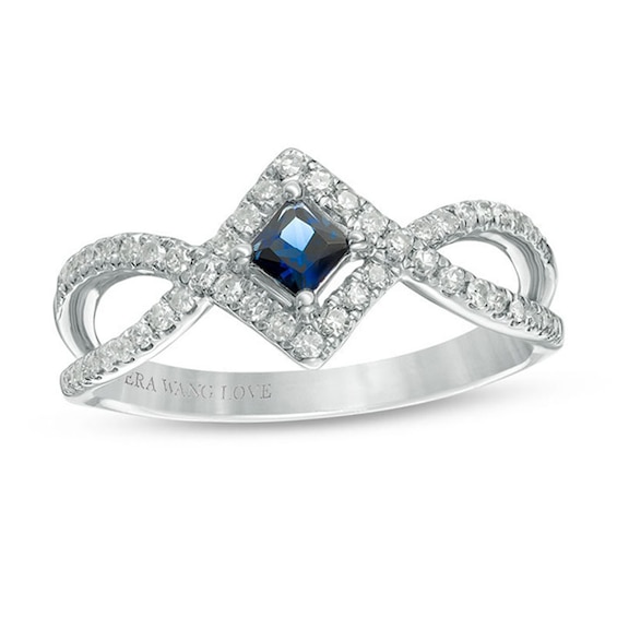 Vera Wang Love Collection Princess-Cut Blue Sapphire and 1/4 CT. T.w. Diamond Frame Ring in Sterling Silver