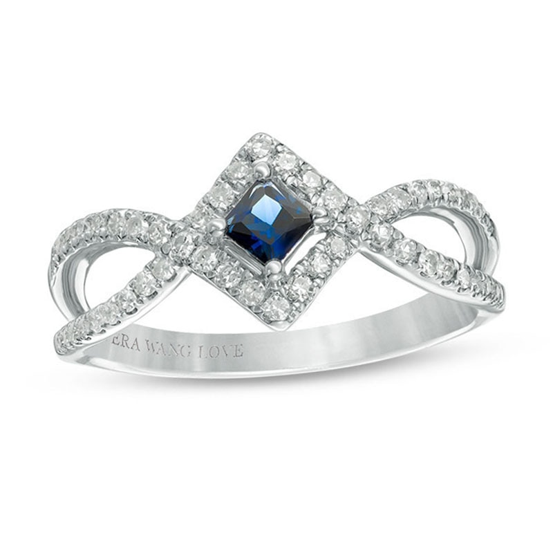 Vera Wang Love Collection Princess-Cut Blue Sapphire and 1/4 CT. T.W. Diamond Frame Ring in Sterling Silver