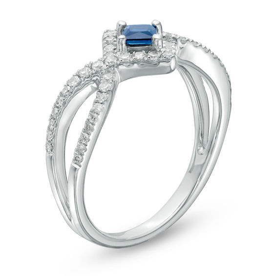 Vera Wang Love Collection Princess-Cut Blue Sapphire and 1/4 CT. T.w. Diamond Frame Ring in Sterling Silver
