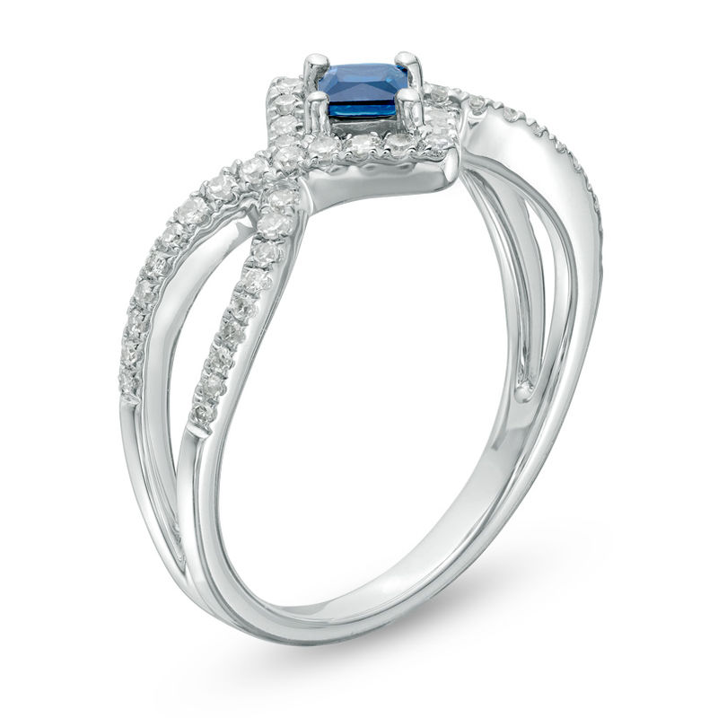Vera Wang Love Collection Princess-Cut Blue Sapphire and 1/4 CT. T.W. Diamond Frame Ring in Sterling Silver