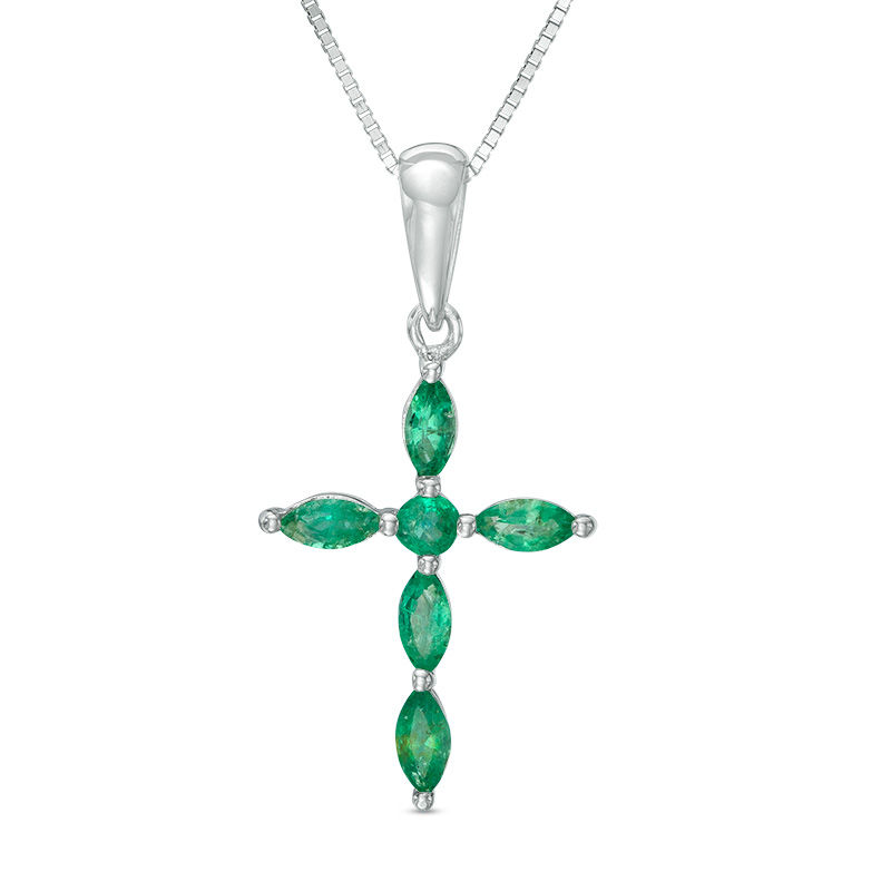 Multi-Shaped Emerald Cross Pendant in 14K White Gold