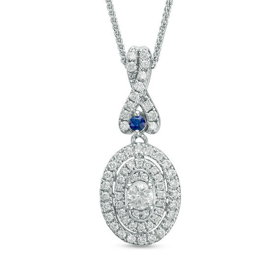 Vera Wang Love Collection 1/2 CT. T.w. Diamond and Blue Sapphire Oval Frame Pendant in 14K White Gold - 19"