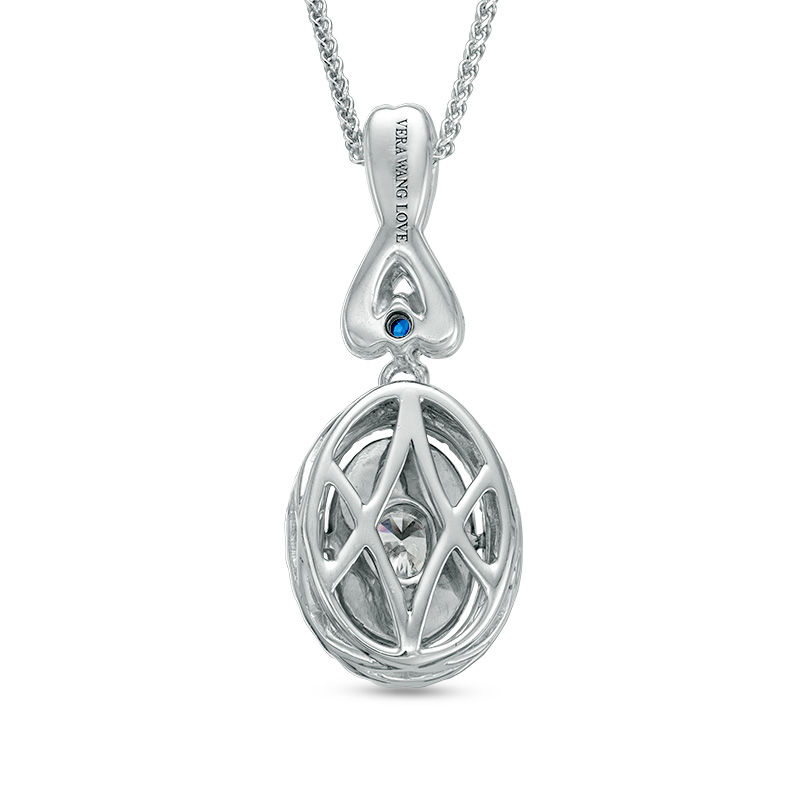 Vera Wang Love Collection 1/2 CT. T.W. Diamond and Blue Sapphire Oval Frame Pendant in 14K White Gold - 19"