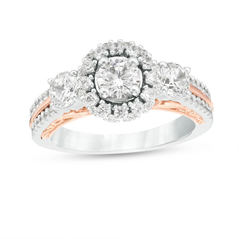 Celebration Ideal 1-1/2 CT. T.W. Diamond Three Stone Frame Engagement Ring in 14K Two-Tone Gold  (I/I1)