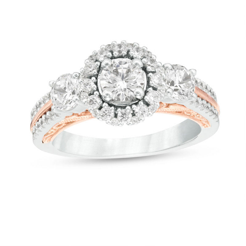 Main Image 1 of Celebration Ideal 1-1/2 CT. T.W. Certified Diamond Three Stone Frame Engagement Ring in 14K Two-Tone Gold (I/I1)