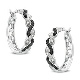 Enhanced Black and White Diamond Accent Twisting Hoop Earrings in Sterling Silver