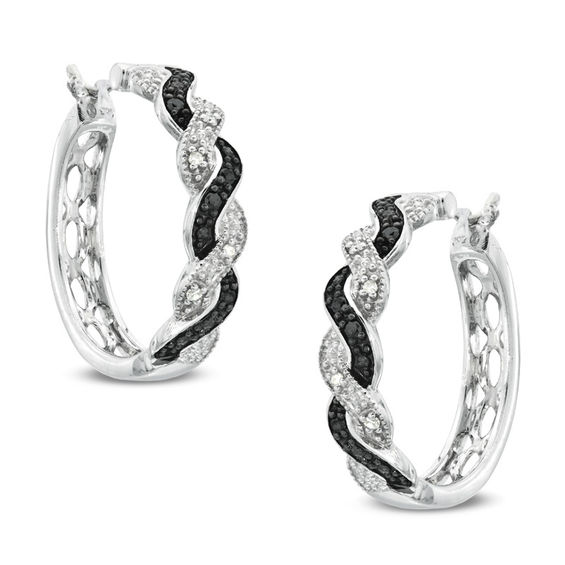 Enhanced Black and White Diamond Accent Twisting Hoop Earrings in Sterling Silver